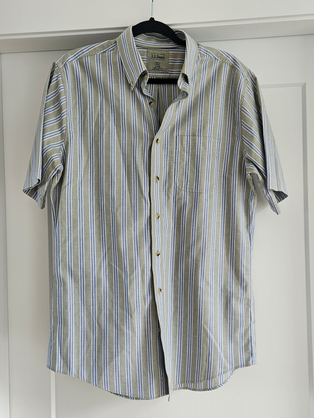 L.L. Bean Short-Sleeve Button-Down — Olive, Blue & White Stripes M Tall